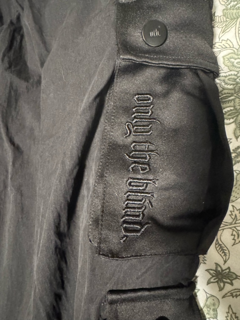 Men's Black Cargo Pants with Embroidered Gothic Detail